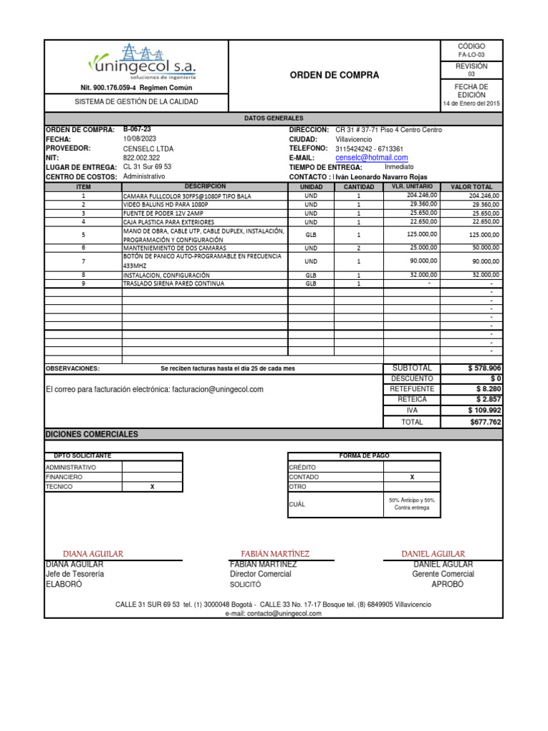 Orden de Compra y Servicios de Instalación | PDF