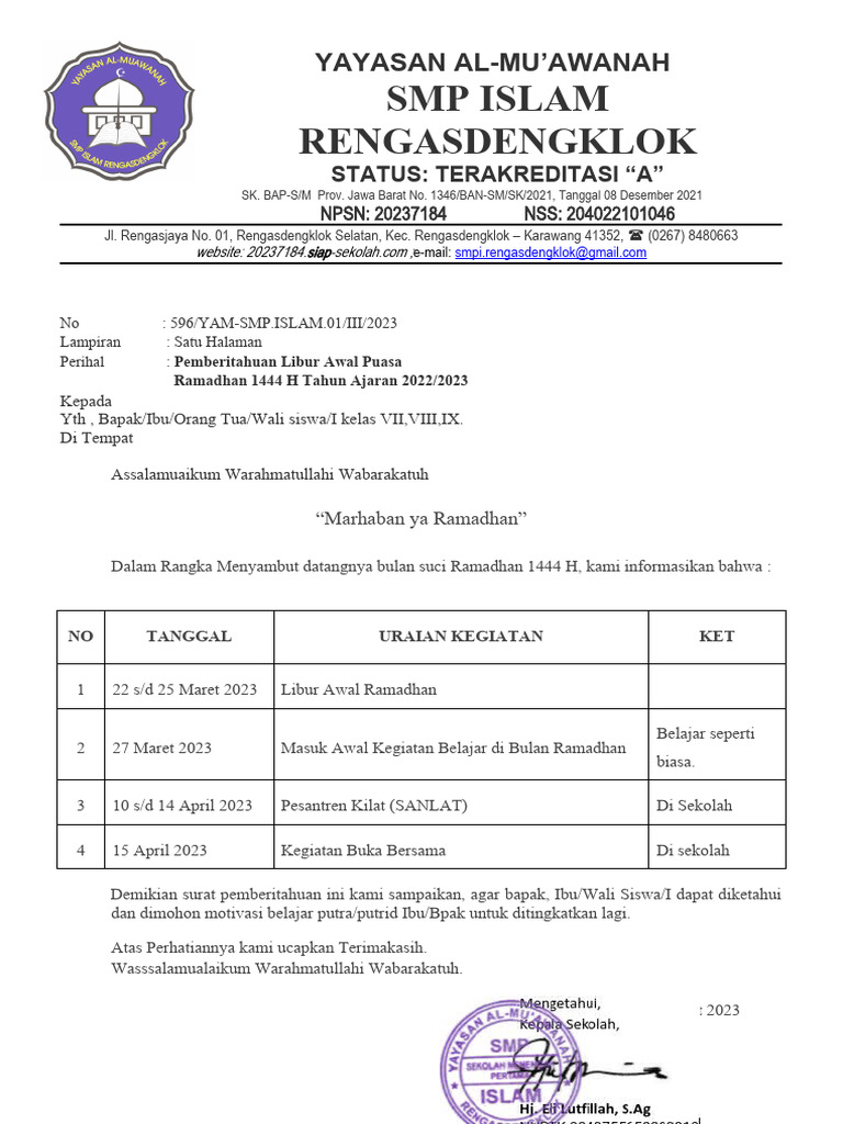 Surat Libur Ramadan PDF