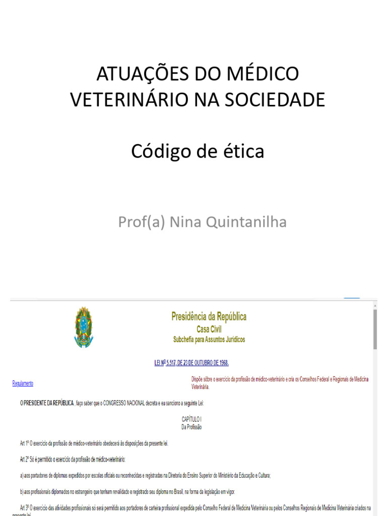 Aula 2 Codigo de Ética PDF Pósgraduação Medicina Veterinária