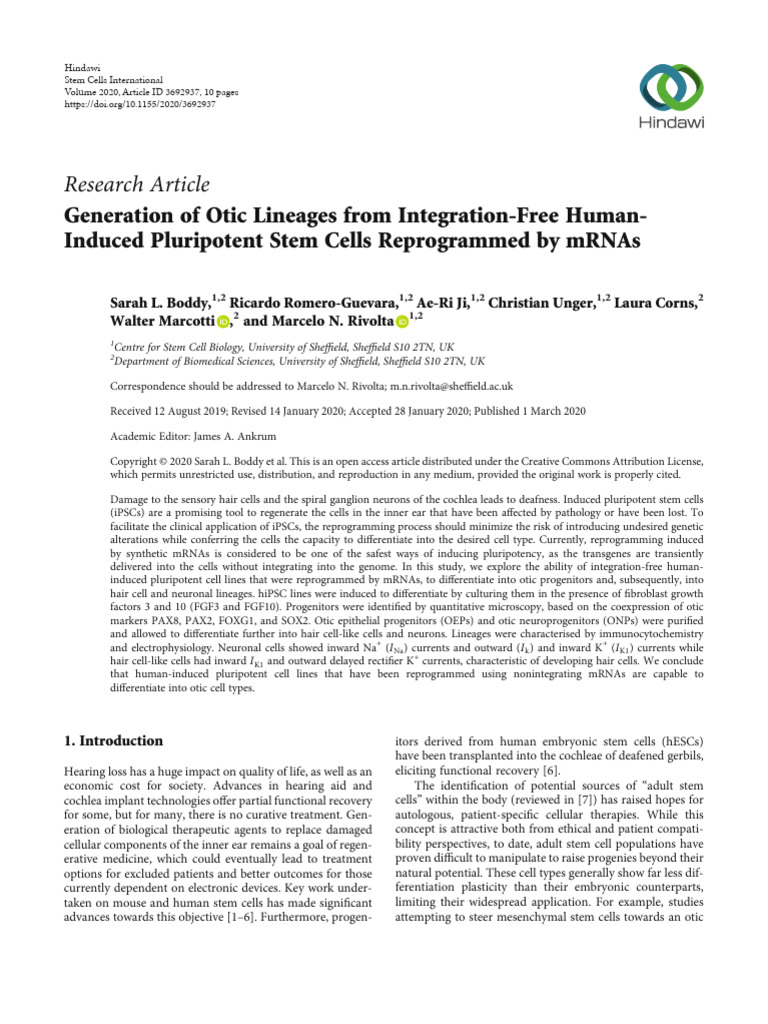 Generation of otic lineages from integration free human inducen