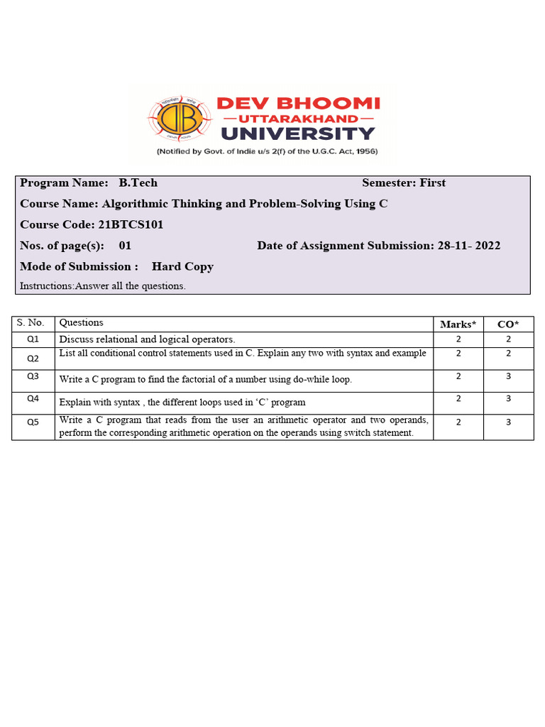 Assignment-2 Algorithmic Thinking and Problem Solving Using C | PDF