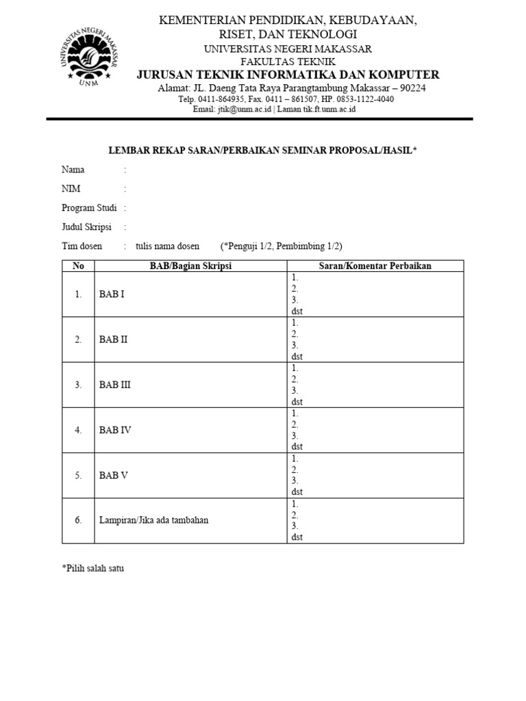 Format Lembar Rekap Saran - Perbaikan Seminar | PDF