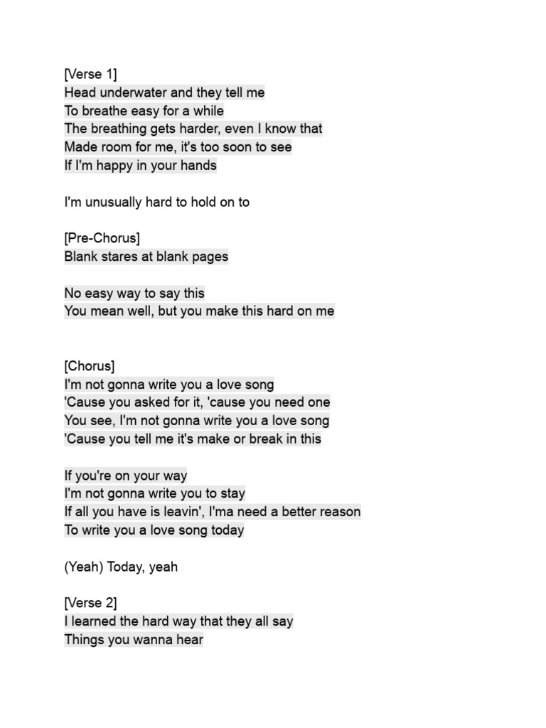 "I'm Not Gonna Write You a Love Song" | PDF | Art | Poetry