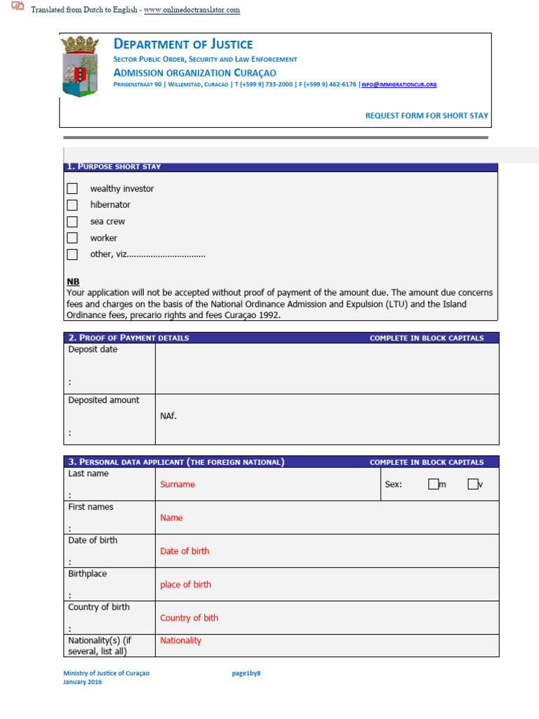 Curaçao Short Stay Request Form | PDF | Crimes | Crime & Violence