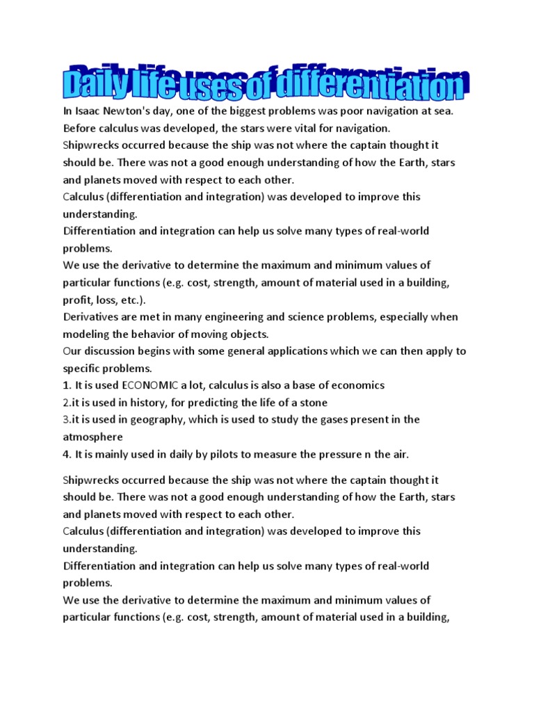Daily Life Uses Of Differentiation Pdf Integral Derivative