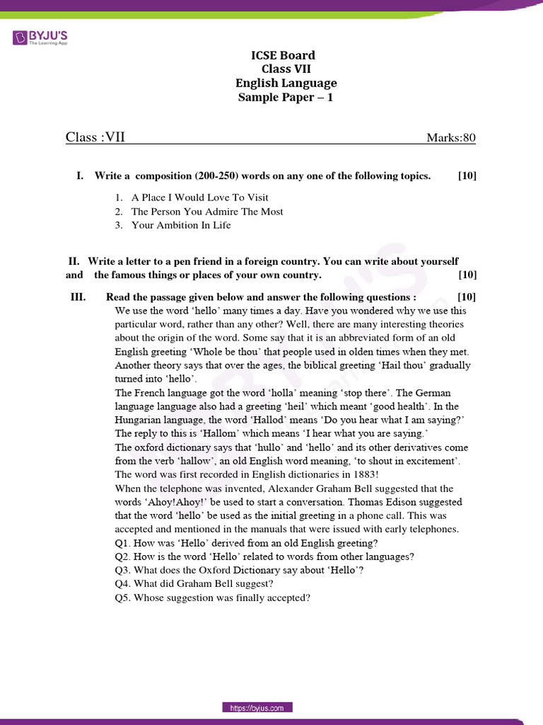 ICSEClass7EnglishLanguageSamplePaper PDF English Language Word