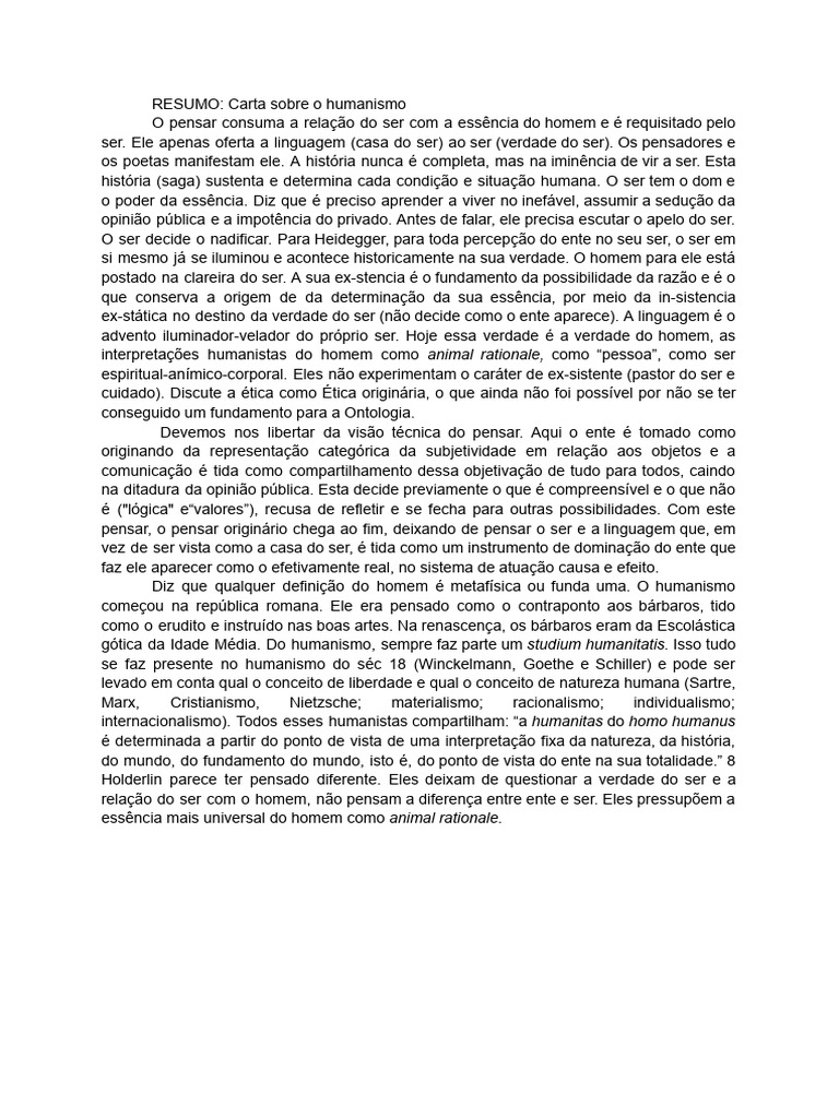 RESUMO_ Carta sobre o humanismo | PDF | Pensamento | Verdade