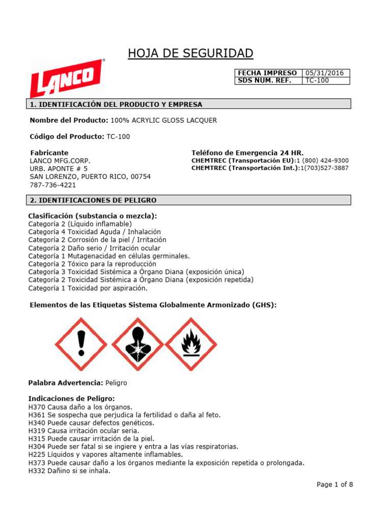 SDS 100 Acrylic Gloss Lacquer TC100 SP PDF Agua Ventilación
