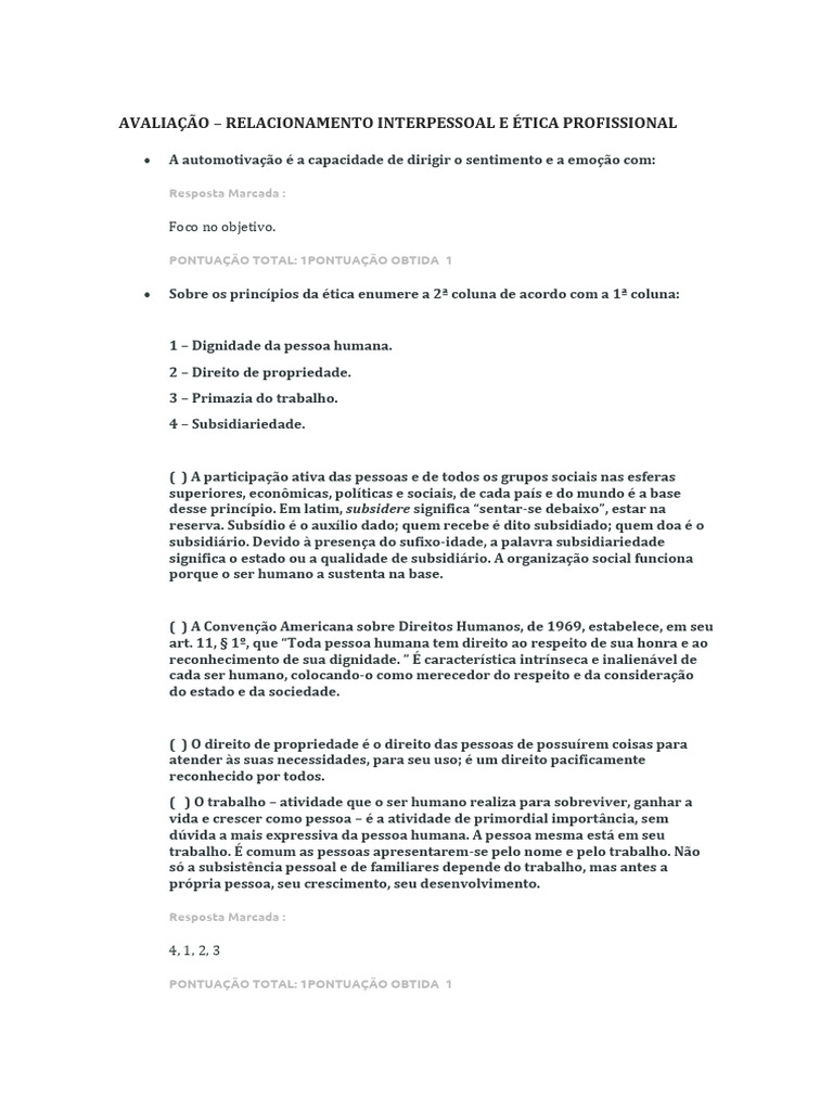 AVALIAÇÃO RELACIONAMENTO INTERPESSOAL E ETICA PROFISSIONAL | PDF ...