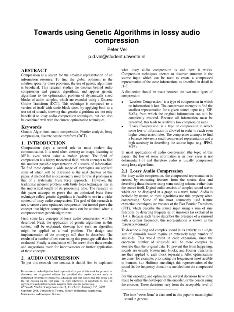 Towards Using Genetic Algorithms in Lossy Audio Compression 2008 | PDF ...