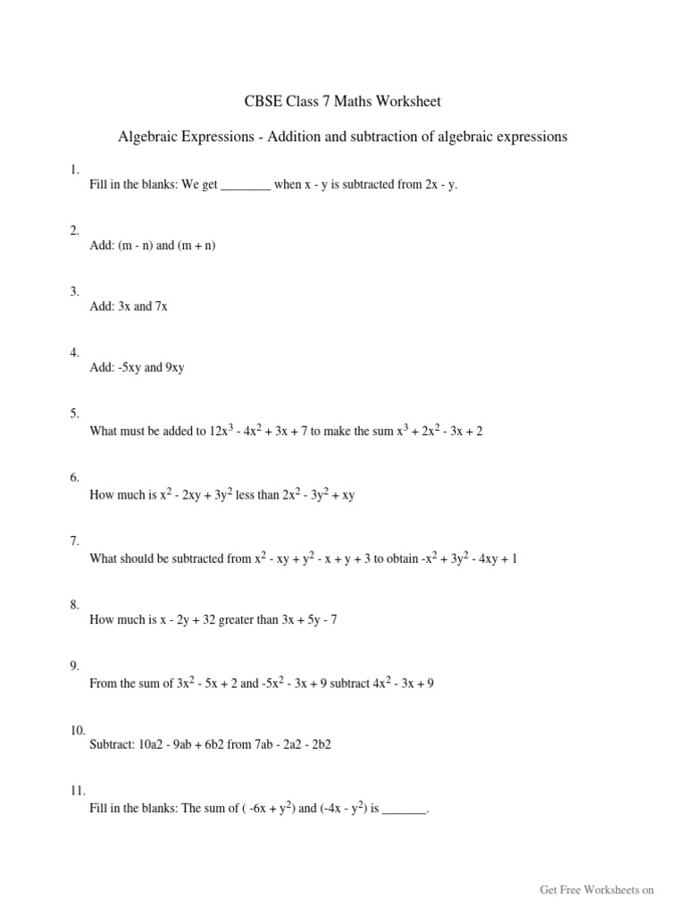 Adding And Subtracting Algebraic Expressions Worksheet CBSE Class 7