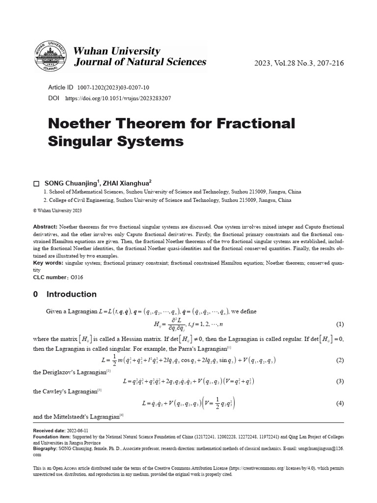Noether Theorem For Fractional Singular Systems | PDF | Noether's ...