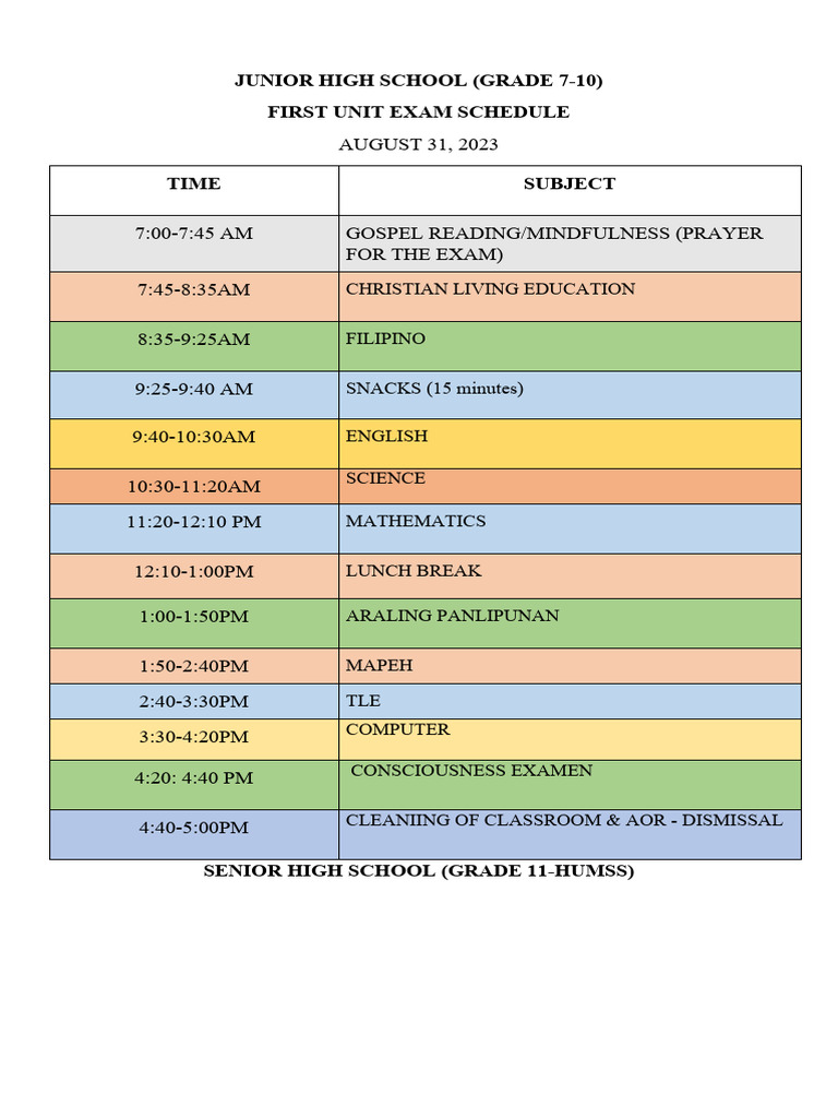 FIRST UNIT EXAMINATION SCHEDULE Updated August 302023 PDF Science