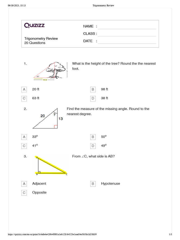 Quizizz Trigonometry Review PDF