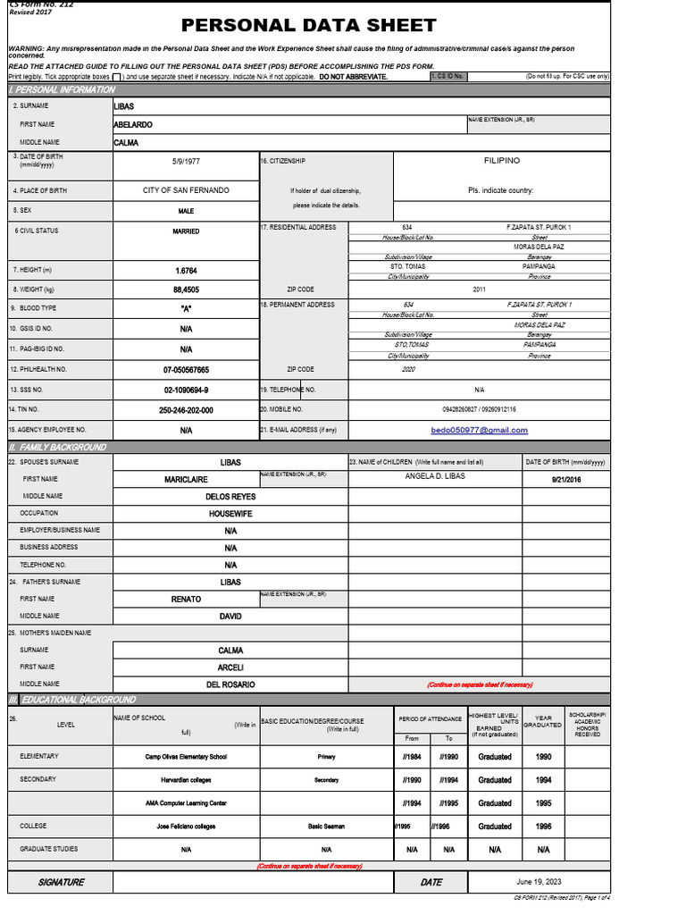 Cs form no 212 personal data sheet revised pdf