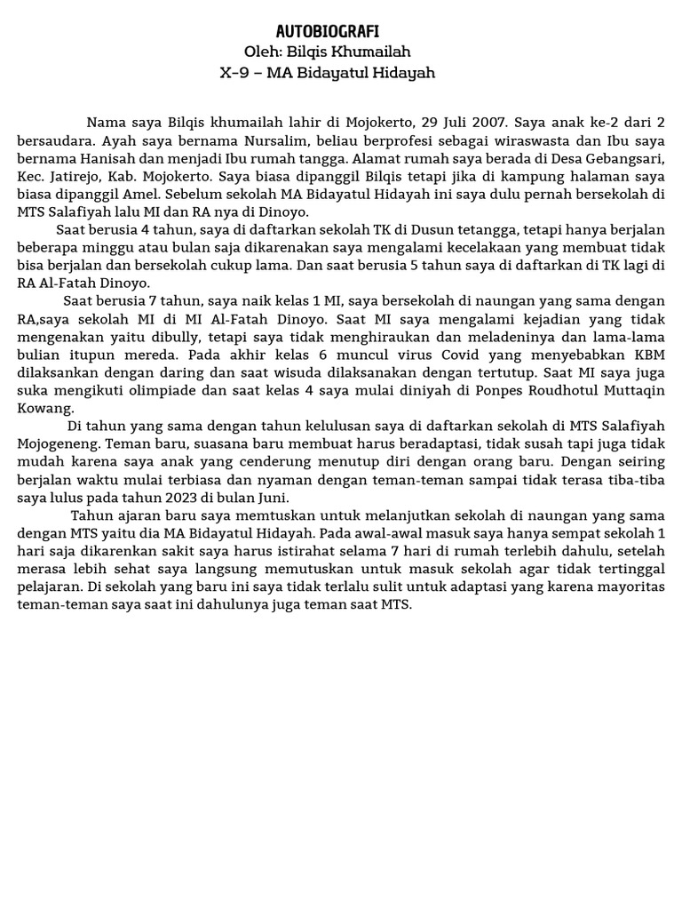 Oleh Bilqis Khumailah X9 MA Bidayatul Hidayah Autobiografi PDF