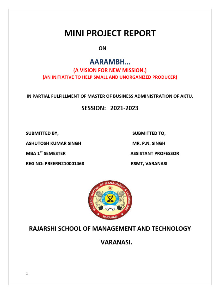 ASHUTOSH SINGH MINI PROJECT Final - Ashutosh Kumar Singh MBA 1st ...