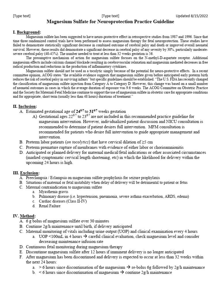 Magnesium Sulfate For Neuroprotection Practice Guideline PDF