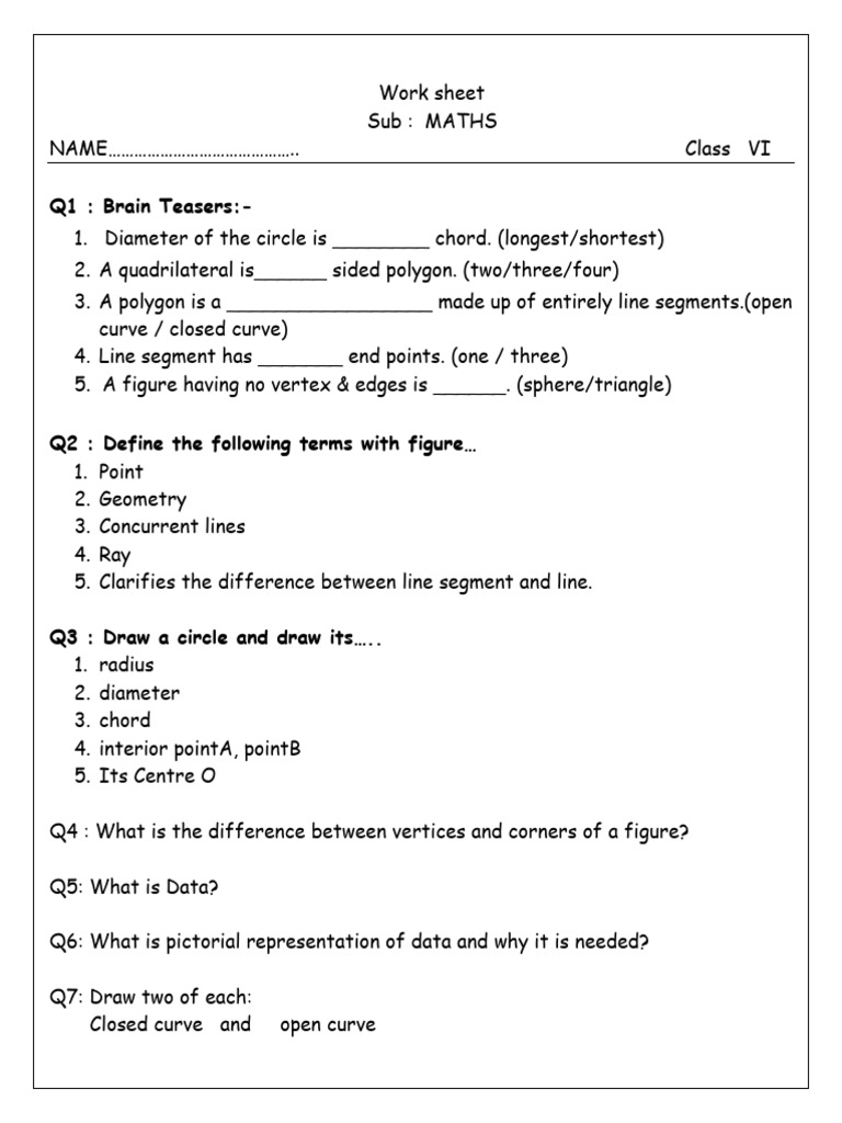 CBSE Class 6 Basic Geometrical Concepts Worksheet PDF