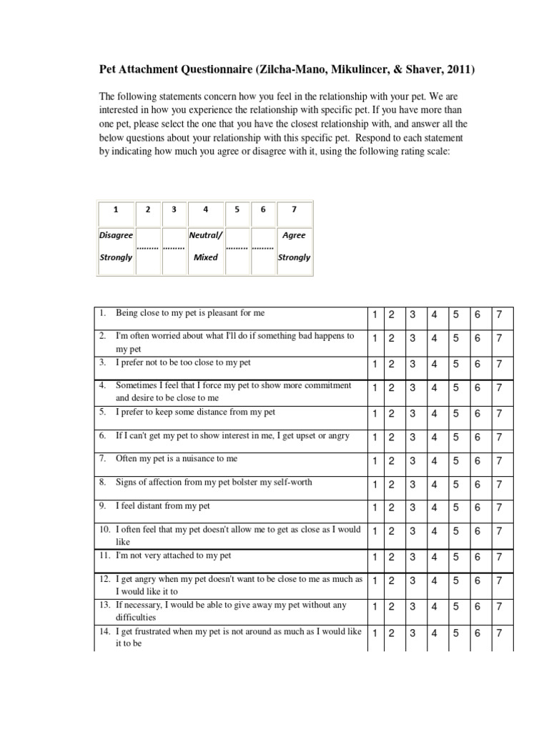 Pet Attachment Questionnaire | PDF