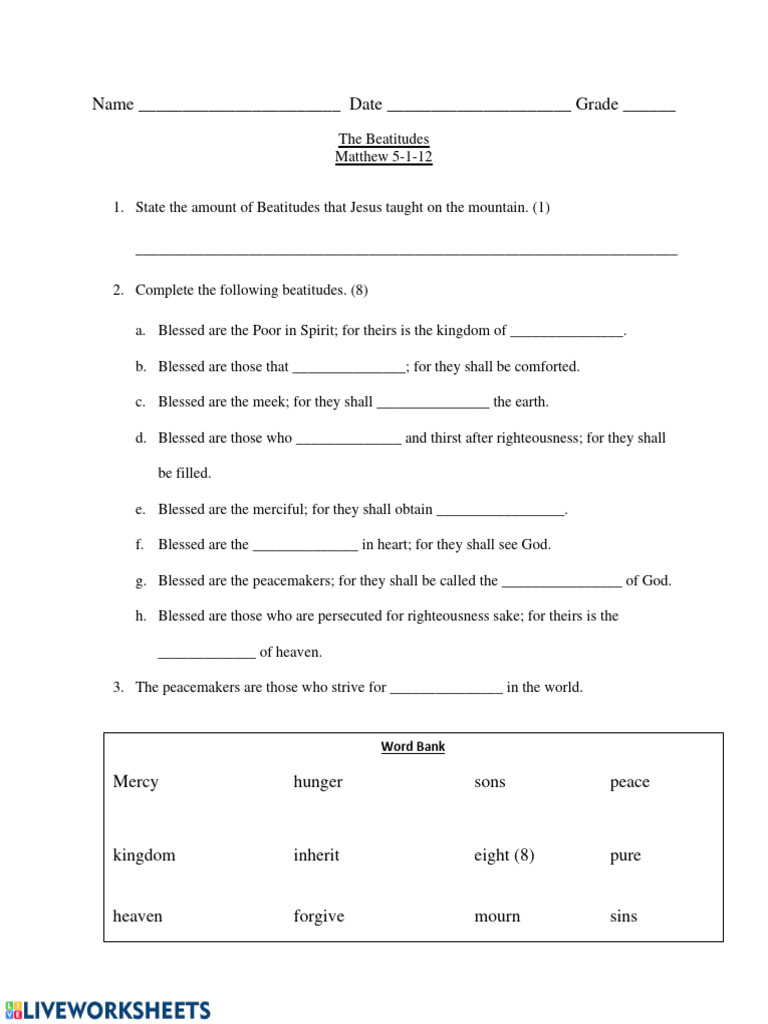 Beatitudes Worksheet PDF - 1717377898