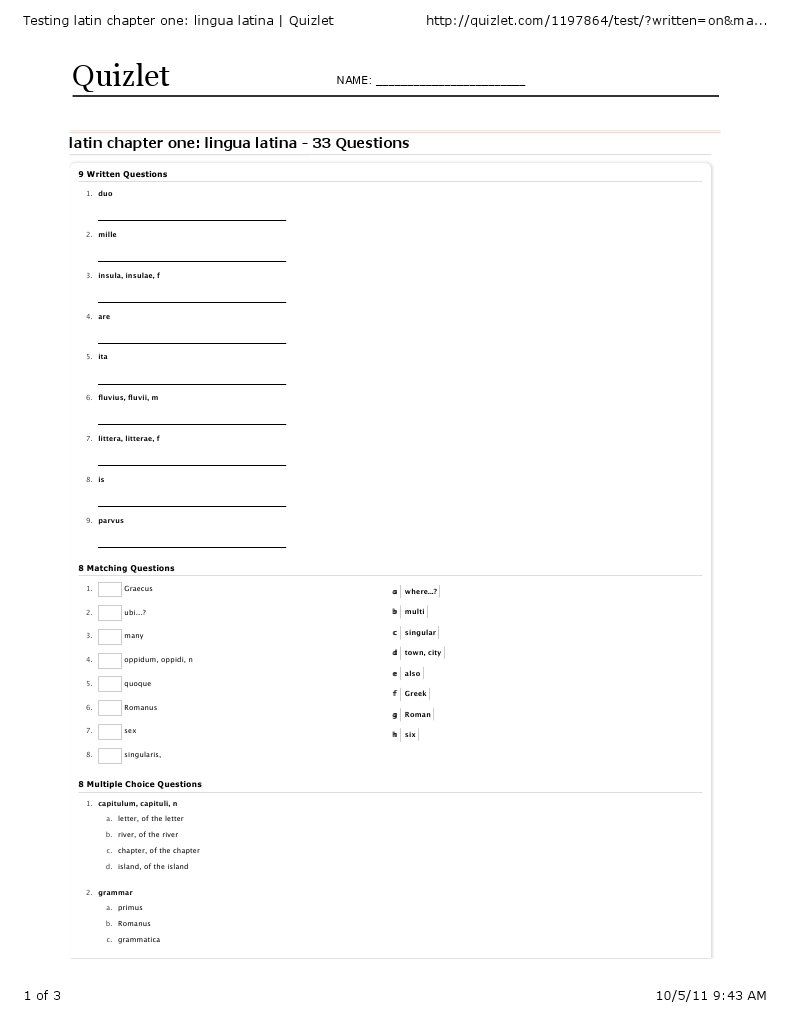Latin Chapter One Quiz Questions | PDF | Language Arts & Discipline