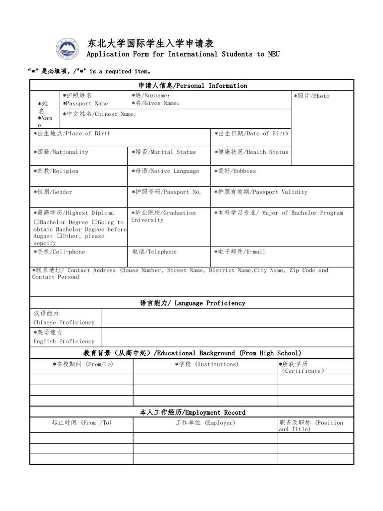 Application Form For International Students To NEU 1 | PDF | Career ...
