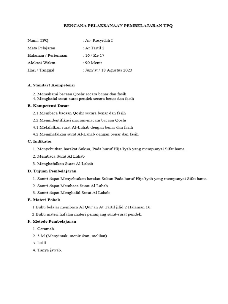 RPP TPQ Ar - Rosyidah 1 Randegan | PDF