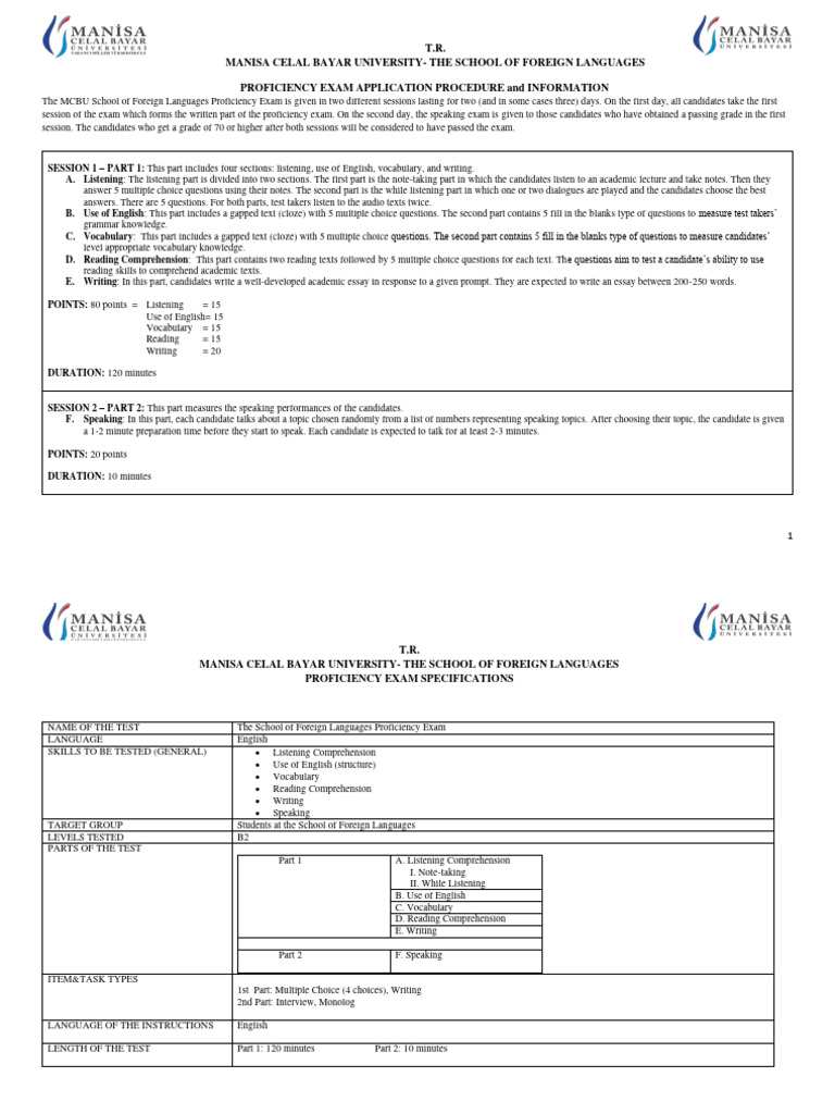 Proficiency Exam Test Specificatios and Sample Test With Answer Key ...