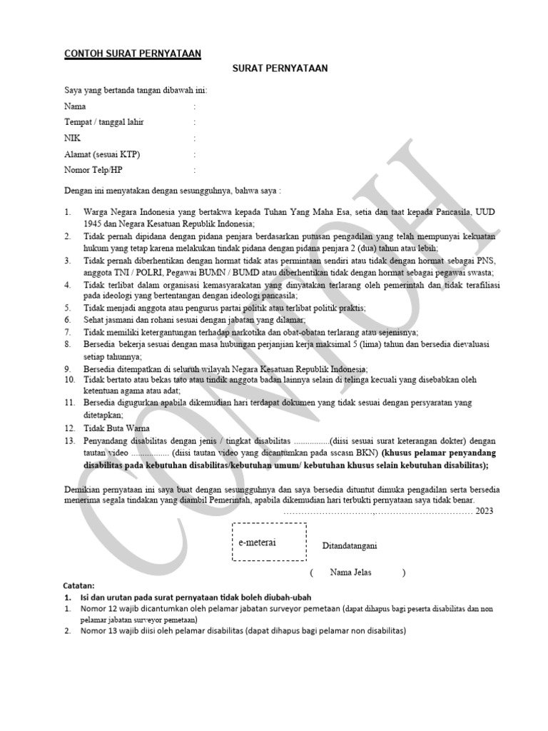 Draft Surat Pernyataan PPPK 2023 | PDF
