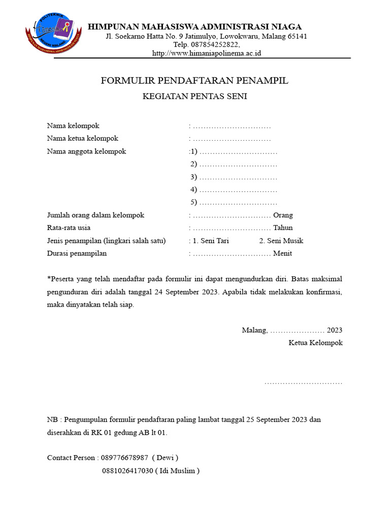 Formulir Data Penampil PDF