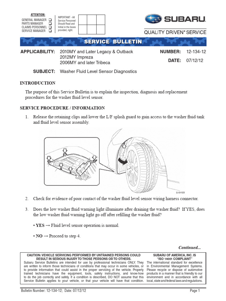 Subaru TSB Washer Fluid-Sensor | PDF