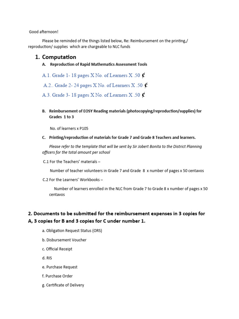 Documents For NLC Materials Reimbursement | PDF