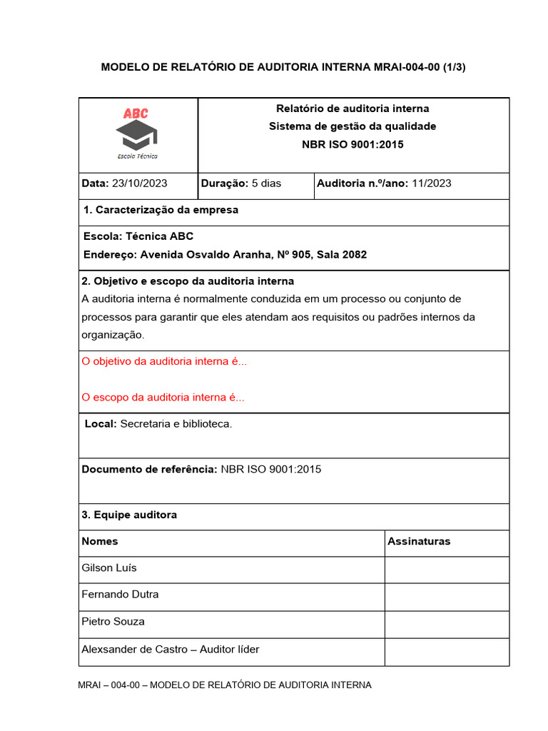 Relatório de Auditoria Interna ISO 9001 | PDF