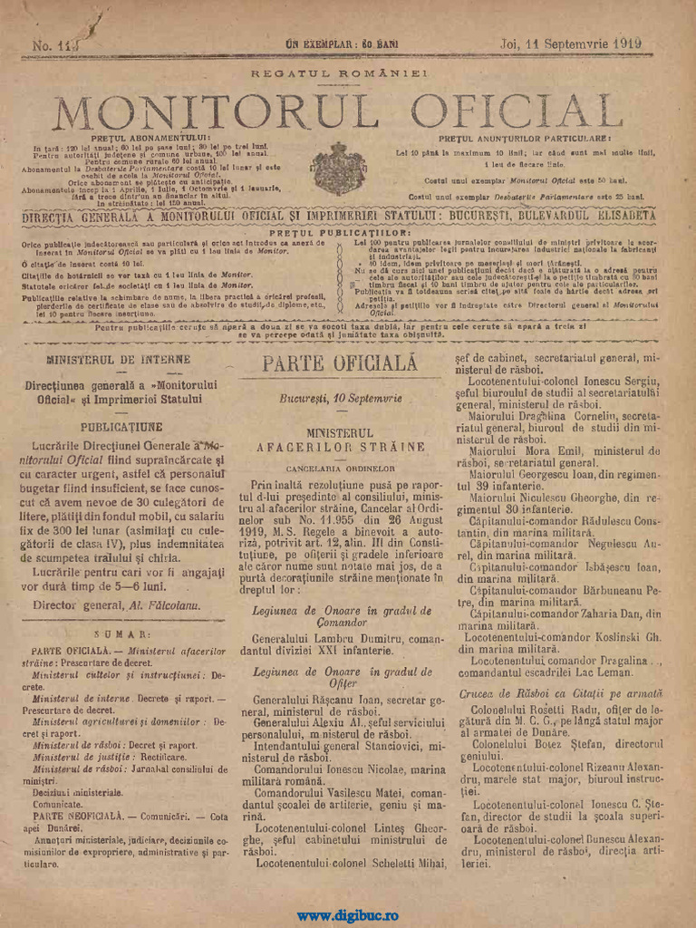 Monitorul Oficial al României, nr. 116, 11 septembrie 1919 PDF