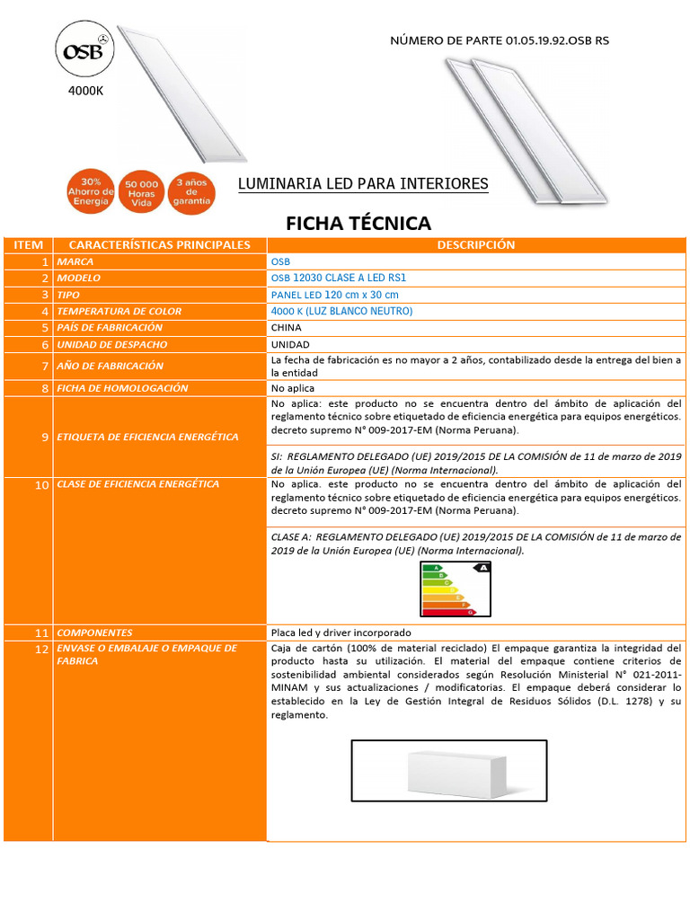 Ficha Técnica Luminaria Led para Interiores PDF