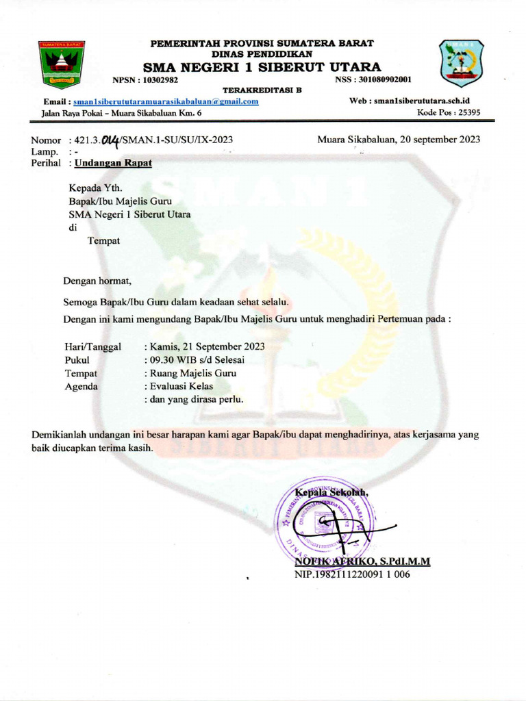 Undangan Rapat Guru Pegawai | PDF