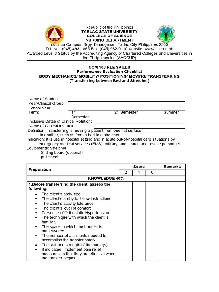 Nursing Skills: Patient Transfer Checklist | PDF | Social Science ...