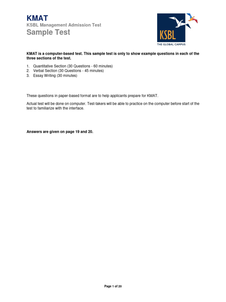 KSBL KMAT SampleTest | PDF