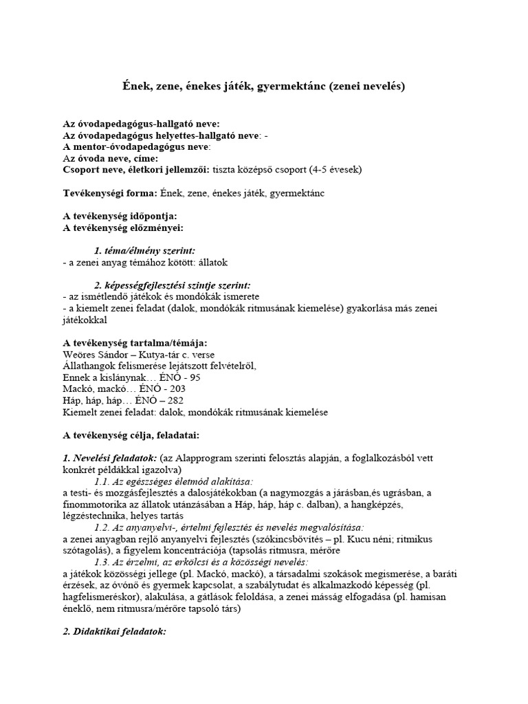 ének tervezet, állatok ritmus | PDF