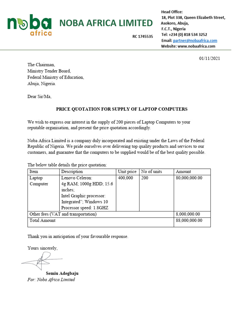 Laptop Supply Quotation for Abuja | PDF
