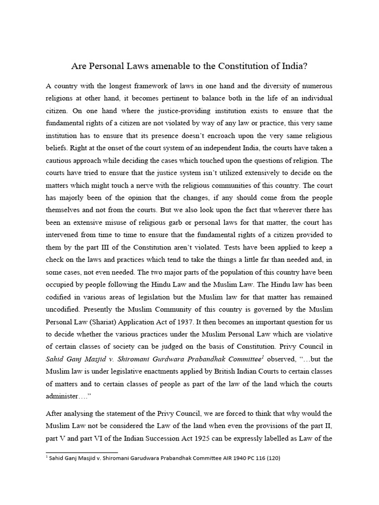 Are personal laws amenable to the constitution of india pdf