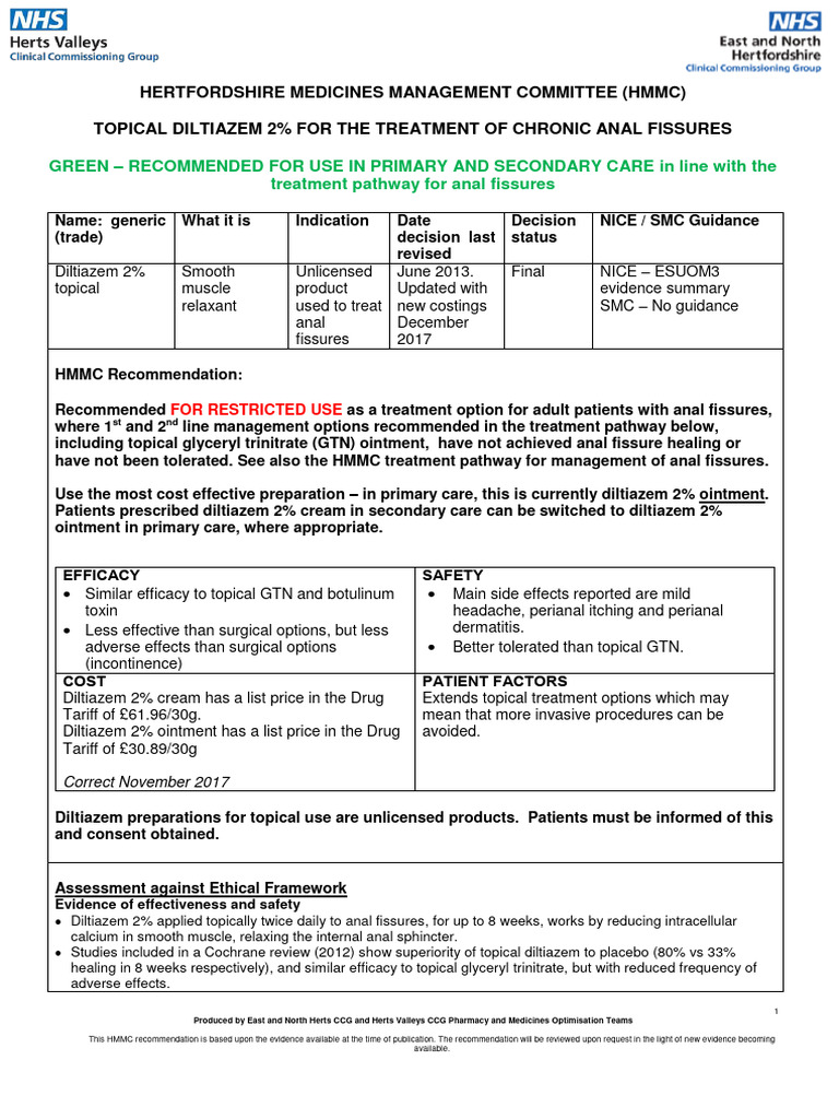 Topical Diltiazem For Anal Fissures (HMMC) | PDF