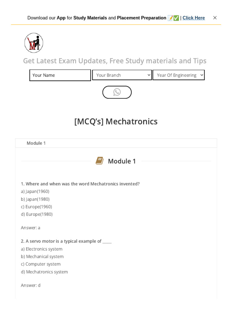 (MCQ'S) Mechatronics - Last Moment Tuitions | PDF