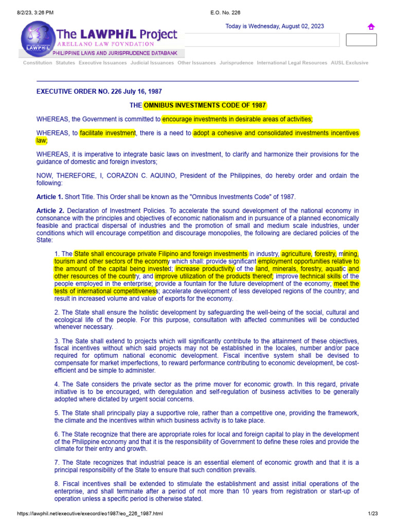 Omnibus Investments Code of 1987 | PDF