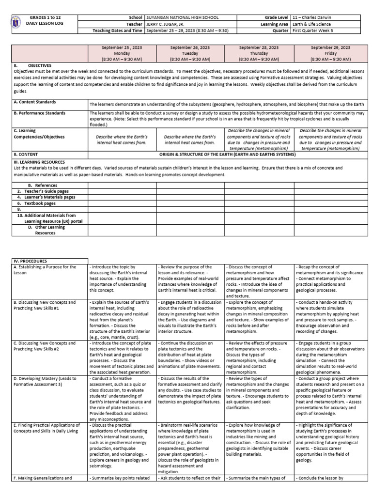 DLL Earth & Life Science Week 6 - (October 2 - 6, 2023) | PDF | Science ...