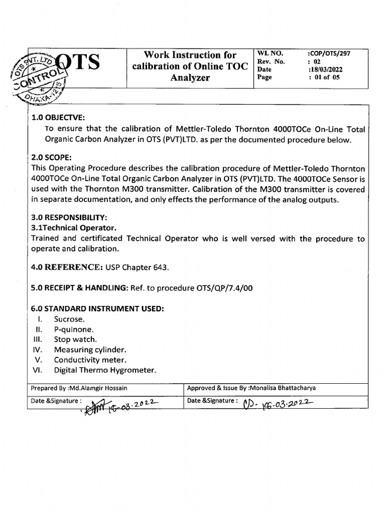 Work Instruction For Calibration of Online TOC Analyzer PDF