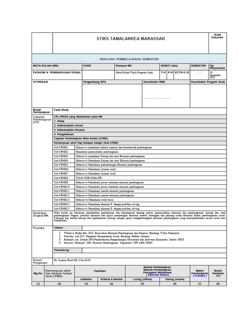 Rps Ekonomi Dan Pembangunan Sosial | PDF