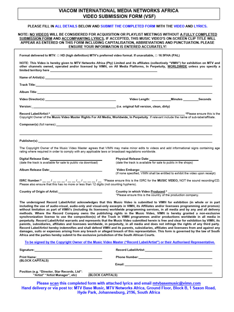 MTV Networks Africa-Video Submission Form | PDF