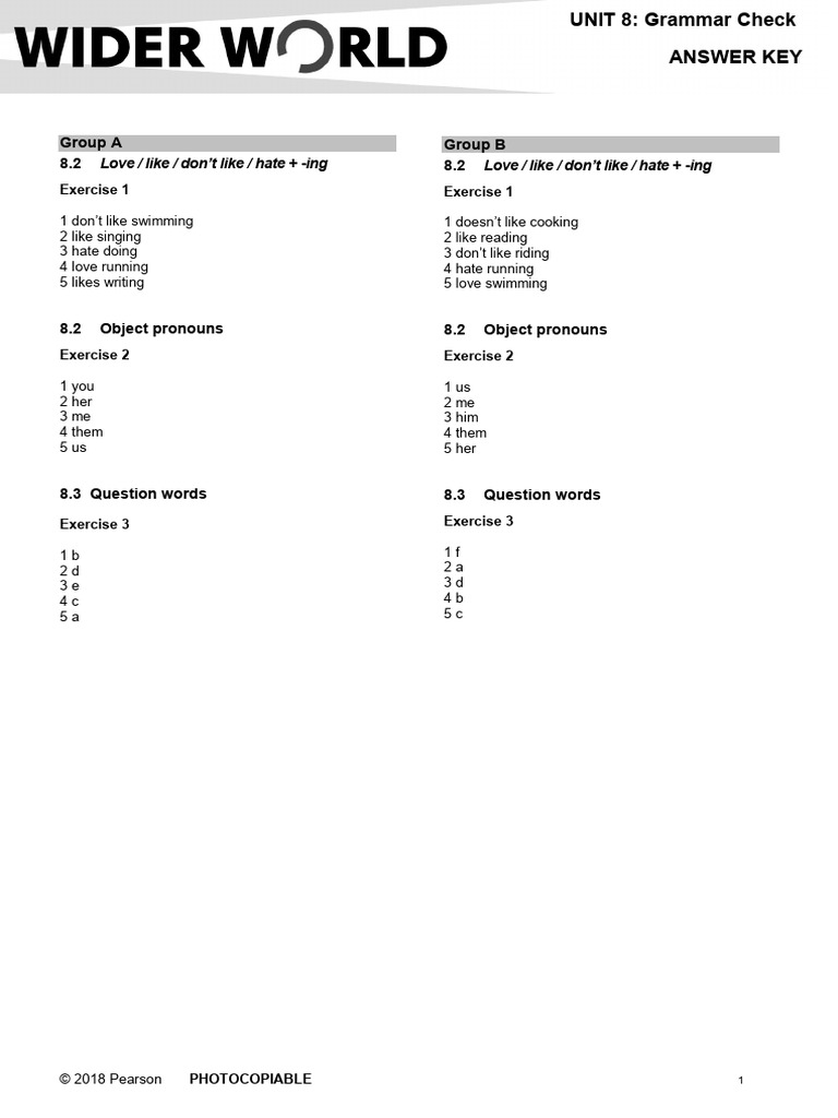Wider World Starter Tests AK GrammarCheck 8 Final | PDF